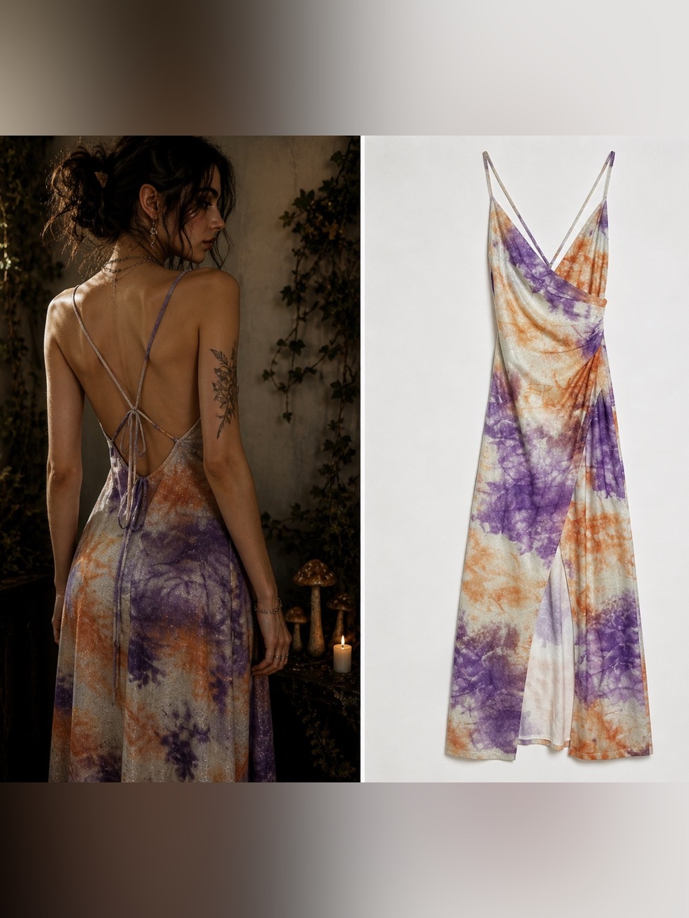 Symphony Metallic Tie Dye Maxi Dress Small Purple Orange Open Back Front Slit